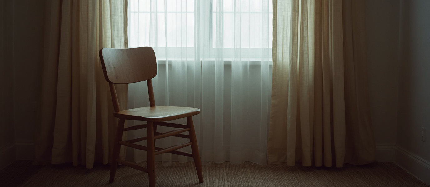 A calm empty wooden chair beside a window with sheer linen curtains in soft light
