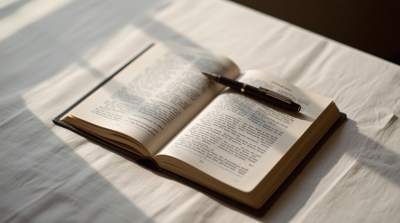 An open antique dictionary and a fountain pen on cream linen in soft window light