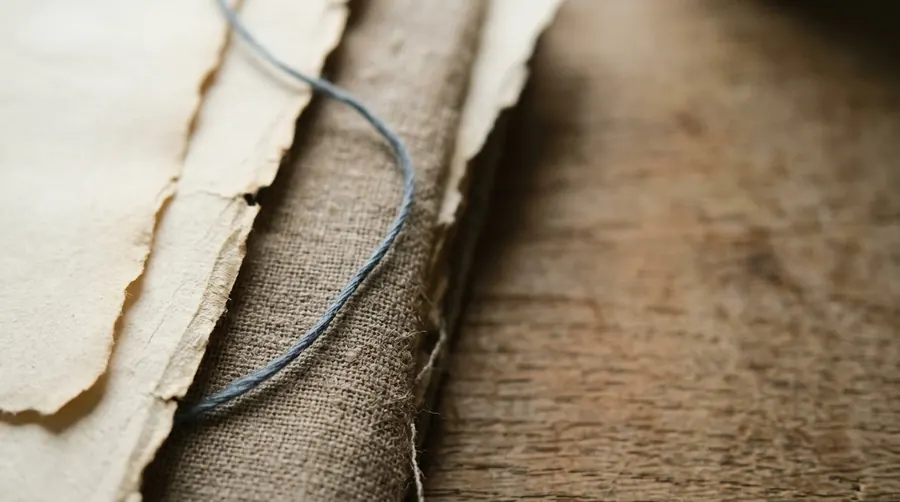 Hand-torn cream paper and linen joined by a single slate-blue thread