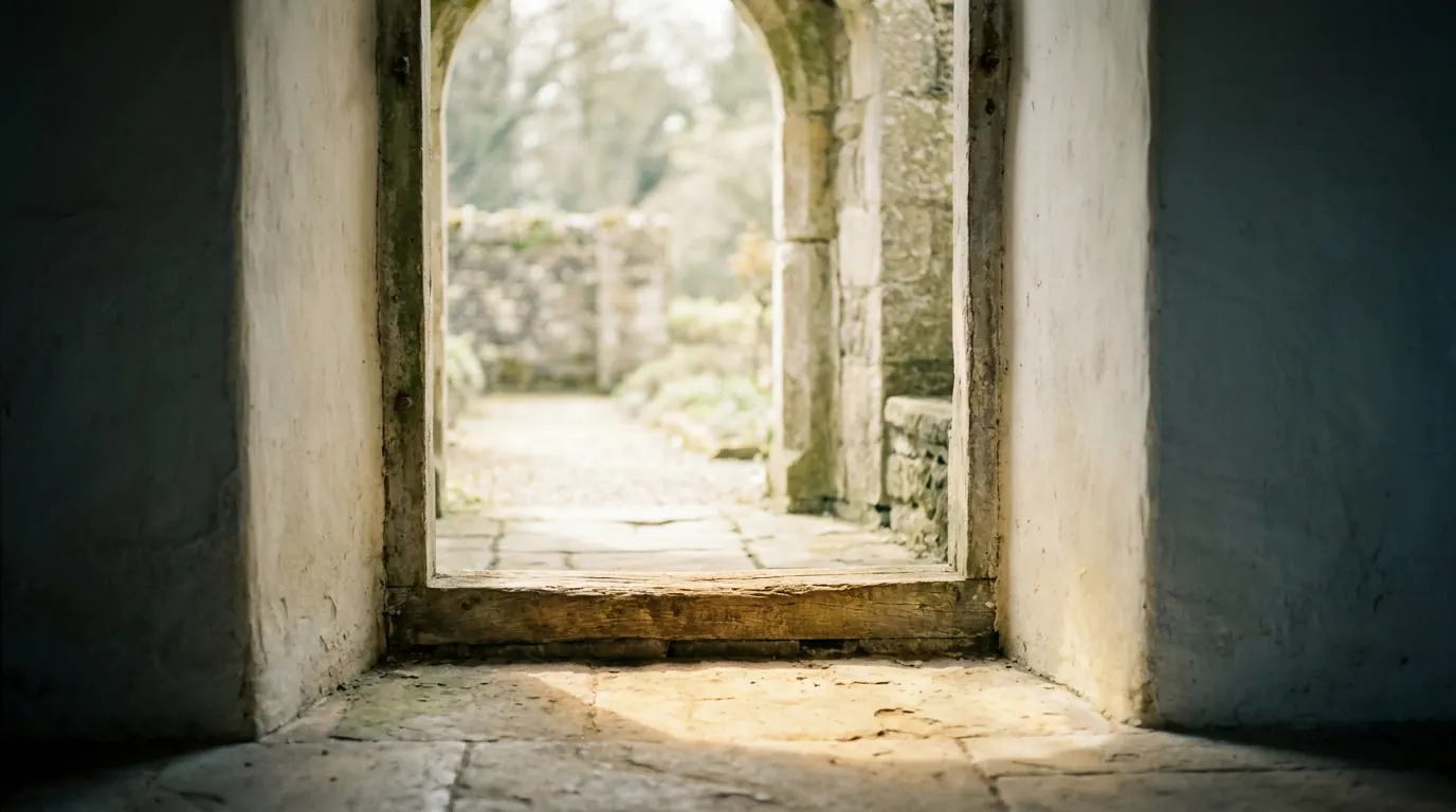 A worn stone doorway and timber threshold opening from a dim room onto a sunlit garden path